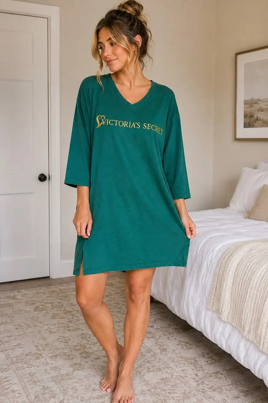 Vintage Victoria’s Secret Green Cotton Nightshirt Gold Logo Size S